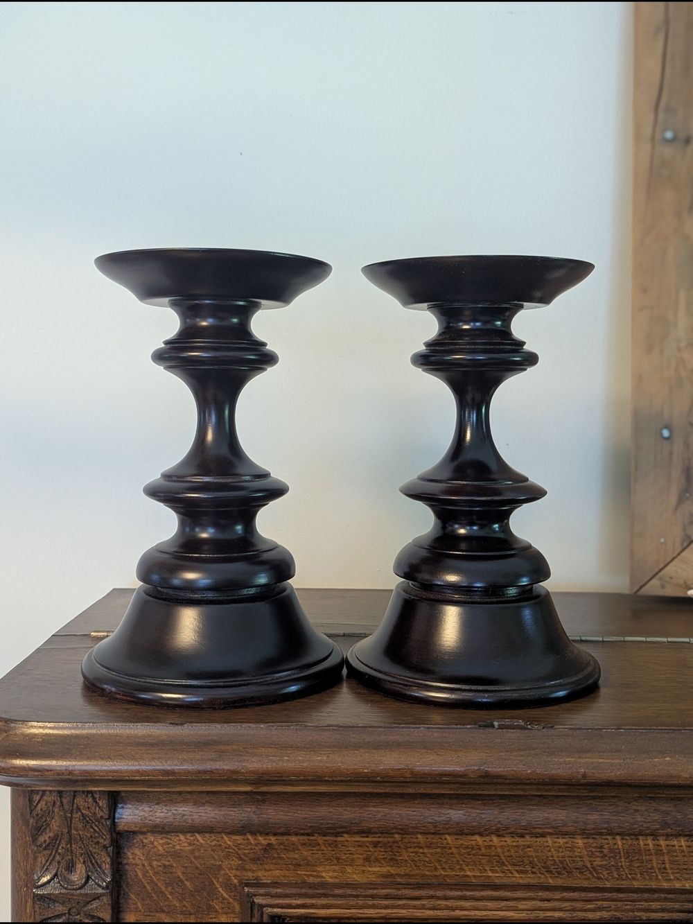 Pottery Barn Dark Brown Turned Wood Pillar Candlesticks - Pair